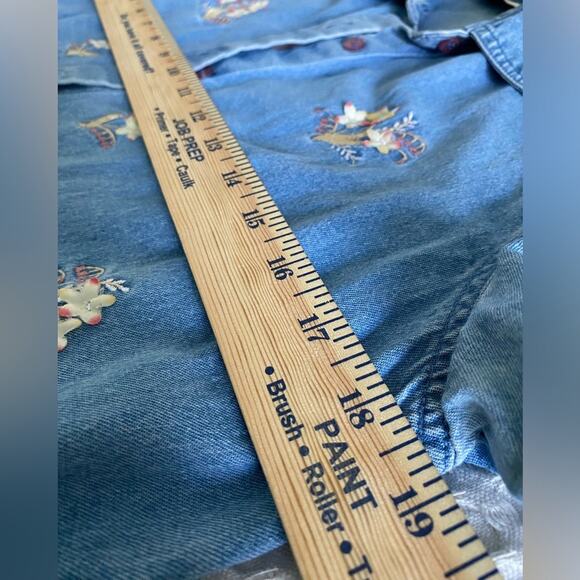 Vintage Lemon Grass Embroidered Short Sleeve Denim Button Up Raised Flower Plaid - Picture 5 of 9